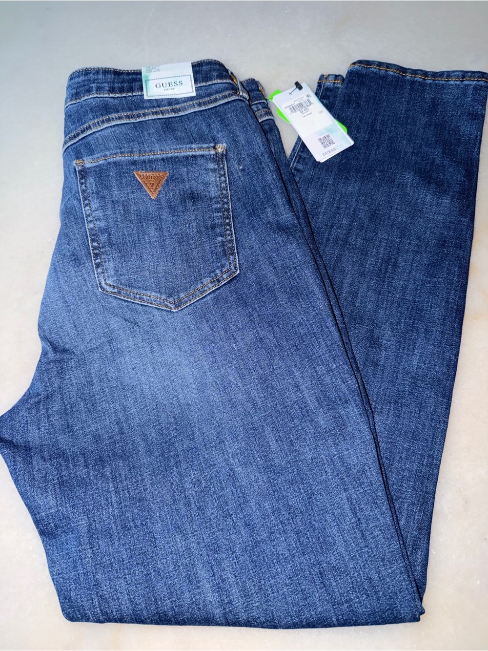 GUESS Men's Blue Straight Jeans with Triangle Logo Patch